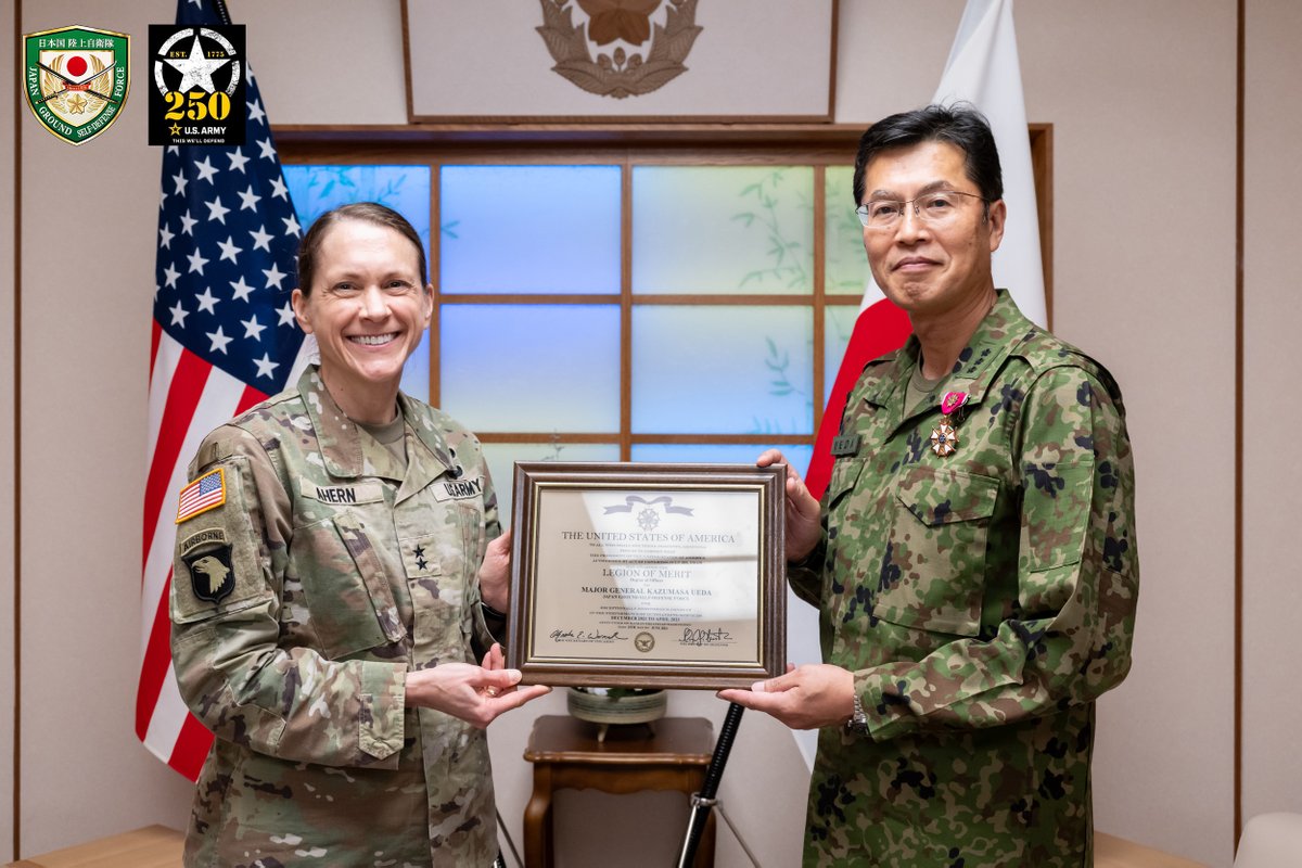 🇺🇸🇯🇵LTG Ueda, VCS, #JGSDF, was notified of the conferementwith the honor of Legion of Merit in US by MG Ahern, Director of Strategy, Plans, and Policy, Deputy Chief of Staff, G-3/5/7, HQDA, on 25 JUN 2025. This decoration constitutes the highest military honor conferred by the