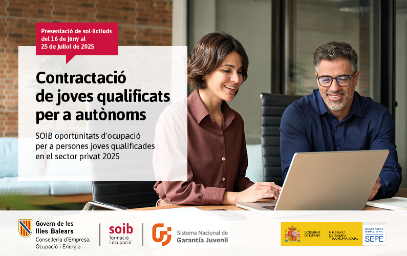 Subvencions per a autònoms – SOIB 2025
Ja està oberta la convocatòria del programa de subvencions "SOIB Oportunitats d’Ocupació per a Persones Joves Qualificades al sector privat 2025".

ℹ️ Consulta tota la informació aquí:
👉 soib.es/convocatoria-d…