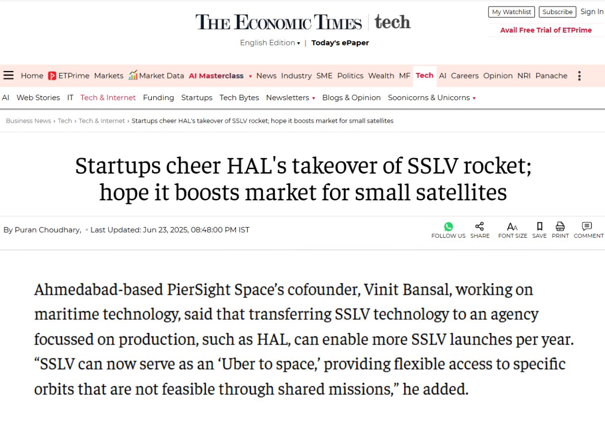 PierSight (@piersightspace) on Twitter photo 🚀Excited to see <a href="/HALHQBLR/">HAL</a> take over SSLV commercialization!
A big leap for India’s small-sat ecosystem - bringing us closer to flexible, on-demand access to space.
Our CTO & Co-founder, <a href="/Vbansal92/">Vinit Bansal</a>, shares his thoughts in <a href="/EconomicTimes/">Economic Times</a>.👇 🚀Excited to see <a href="/HALHQBLR/">HAL</a> take over SSLV commercialization!
A big leap for India’s small-sat ecosystem - bringing us closer to flexible, on-demand access to space.
Our CTO & Co-founder, <a href="/Vbansal92/">Vinit Bansal</a>, shares his thoughts in <a href="/EconomicTimes/">Economic Times</a>.👇