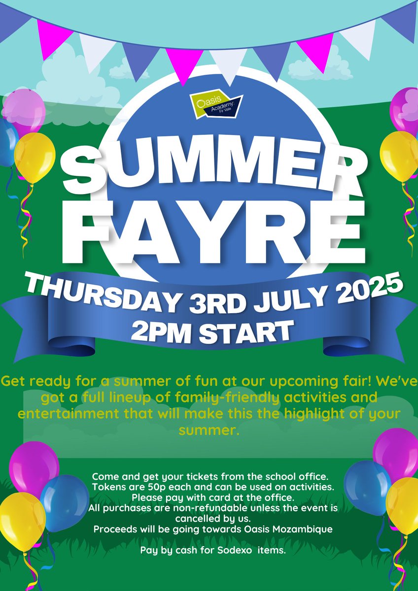 OasisFirVale's tweet photo. Our annual Summer Fayre is next week.  Tickets are first come first serve and tokens are available to purchase at 50p each - card payments only.  It is going to be a fantastic event, come and show your support! https://t.co/r4tCmKwLJf