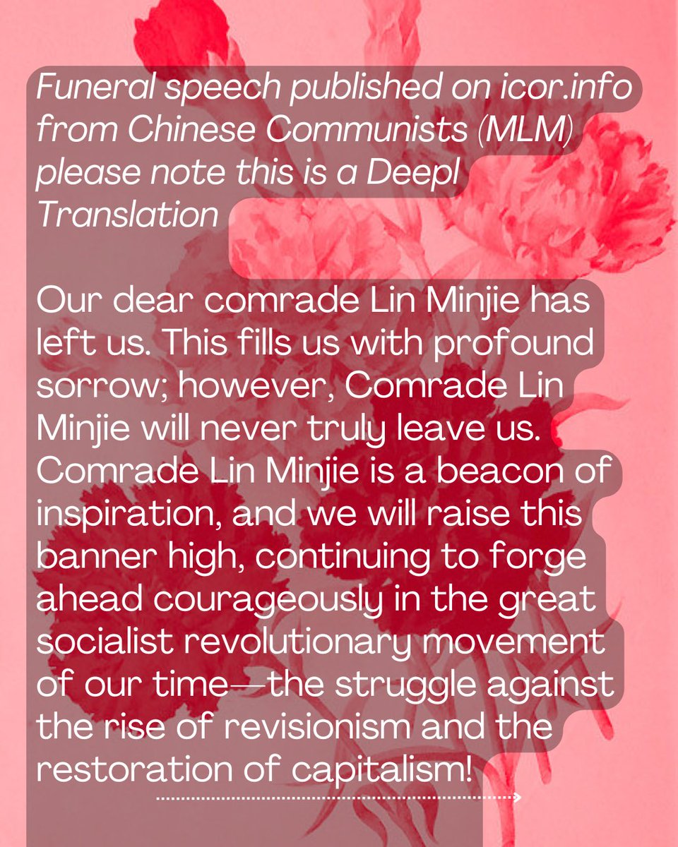 icorsocialmedia's tweet image. Funeral speech for Lin Minjie by Representative of the Chinese Communists (Marxist-Leninist-Maoist), Xiang Guanqi

For more infos follow the link:

icor.info/en/2025/comrad…

Comrade Li Minjie is immortal!