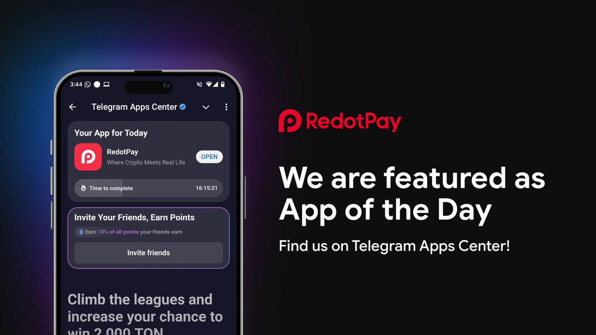 📢 RedotPay Mini App is featured as App of the Day on Telegram Apps Center!  ✨ Faster onboarding – Apply your RedotPay directly on Telegram 💸  Effortless crypto payments – Just Tap