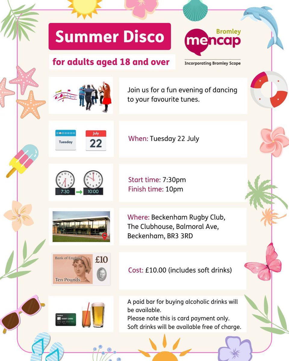 You are invited to our Summer Disco Extravaganza for Disabled Adults (18+)! 

Date: Friday 22 July 2025
Time: 7:30–10:00 PM
Venue: Beckenham Rugby Club, BR3 3RD
Tickets: £10 (includes soft drinks)

Easy Read flyer and full details available online: bromleymencap.org.uk/event/summer-d…