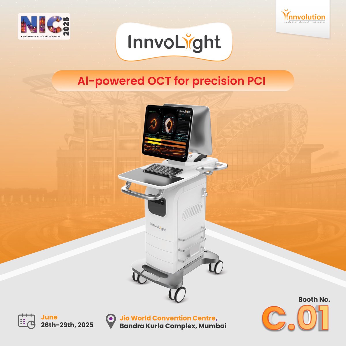 Launching Soon at NIC 2025 | Booth C.01 | Jio World Convention Centre, Mumbai | June 26–29
InnvoLight – OCT Imaging System

Innvolution proudly introduces InnvoLight, a next-generation OCT Imaging System engineered to elevate precision, speed, and clinical intelligence in every