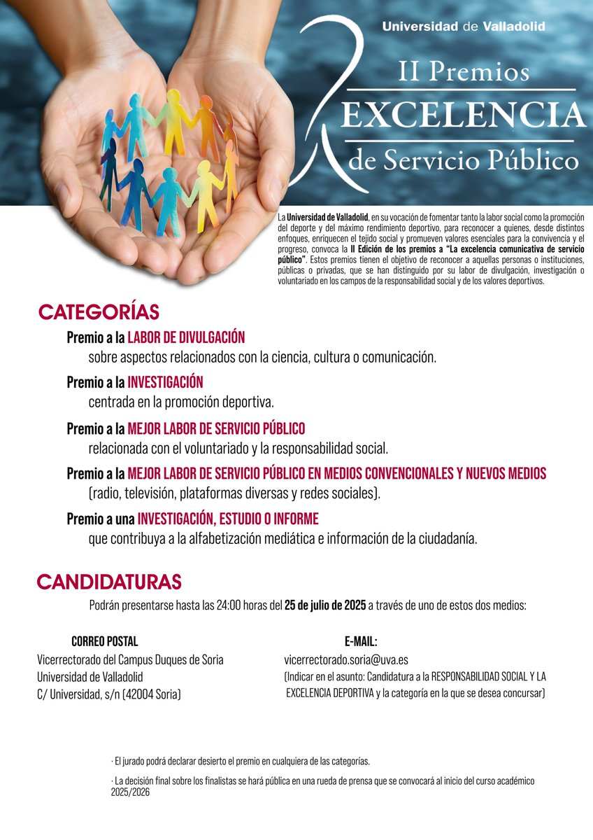 Campus de Soria (@campusdesoria) on Twitter photo 📢AVISO IMPORTANTE‼️
Llega la II Edición de los premios a "La excelencia comunicativa de servicio público" de la UVa: 5 categorías con opción a premio. Envíanos tu candidatura antes del 25 de julio a las 24:00 h.
<a href="/UVa_es/">Gabinete de Comunicación Universidad de Valladolid</a>: fomento de la labor social y de la excelencia deportiva. 📢AVISO IMPORTANTE‼️
Llega la II Edición de los premios a "La excelencia comunicativa de servicio público" de la UVa: 5 categorías con opción a premio. Envíanos tu candidatura antes del 25 de julio a las 24:00 h.
<a href="/UVa_es/">Gabinete de Comunicación Universidad de Valladolid</a>: fomento de la labor social y de la excelencia deportiva.