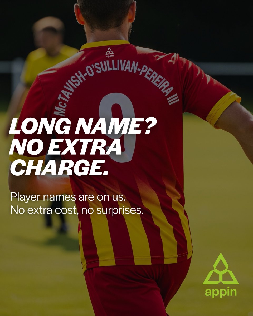 Long Name? No need to worry...

You can add your player's names and numbers to your custom jerseys for no extra cost, so don't panic if you happen to be a relative of Jan Vennegoor of Hesselink! 😅

#MakeItAppin #CustomFootballKits #CustomTeamwear #KitDesign