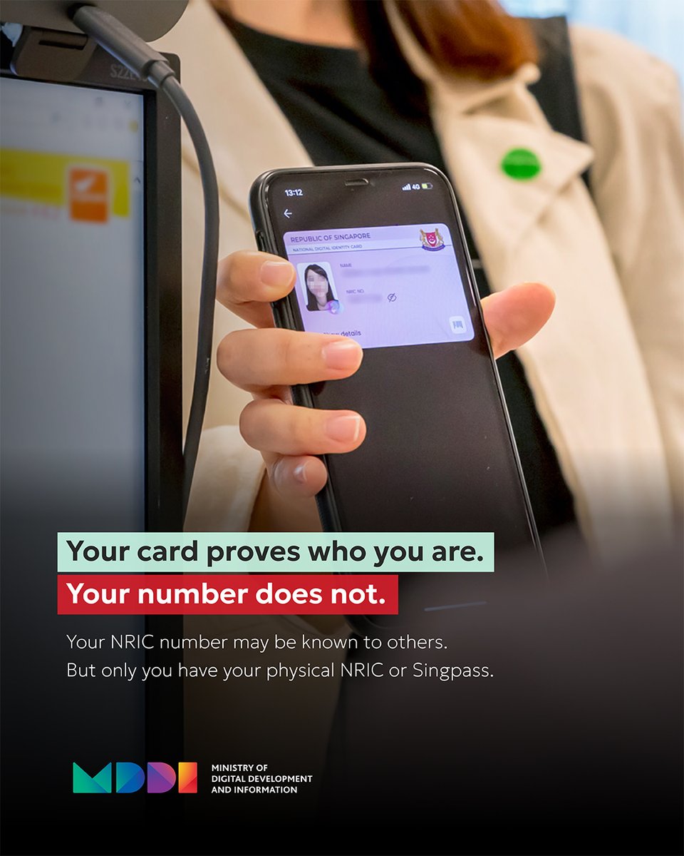 Singapore Government (@govsingapore) on Twitter photo #DoYouKnow that your NRIC number alone doesn’t prove who you are? Only your physical NRIC or Singpass – with security features and your photo – can prove your identity.
Credit: <a href="/SingaporeMDDI/">MDDI Singapore</a> #DoYouKnow that your NRIC number alone doesn’t prove who you are? Only your physical NRIC or Singpass – with security features and your photo – can prove your identity.
Credit: <a href="/SingaporeMDDI/">MDDI Singapore</a>