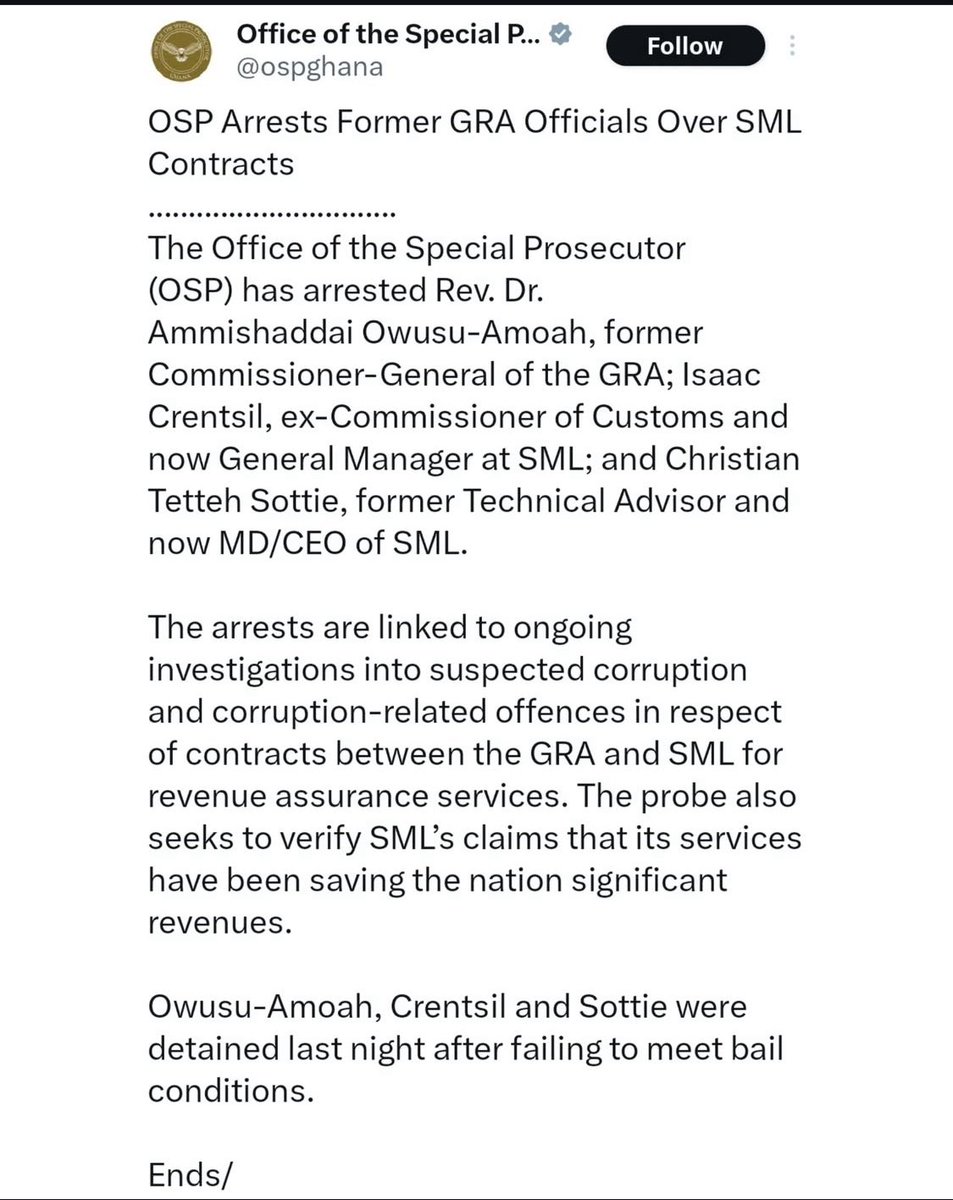 The Office of the Special Prosecutor (OSP) has announced the arrest of former Ghana Revenue Authority (GRA) Commissioner-General Rev. Dr.
Ammishaddai Owusu-Amoah.

Read full story at Nkonkonsa.com