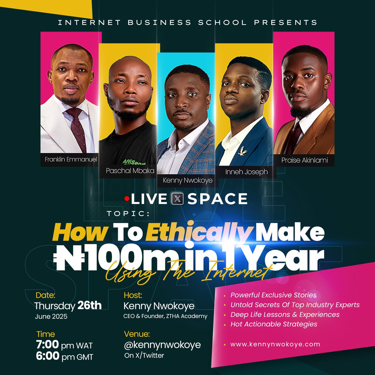 Gather around people! This one is huge!

Tomorrow, few of the biggest internet marketers on the continent will be coming together to share:

✅ The Secrets
✅ The Strategies &amp; 
✅ The Stories

Live on X Spaces by 7pm WAT/6pm GMT/10pm GST.

Topic: How To Ethically Make