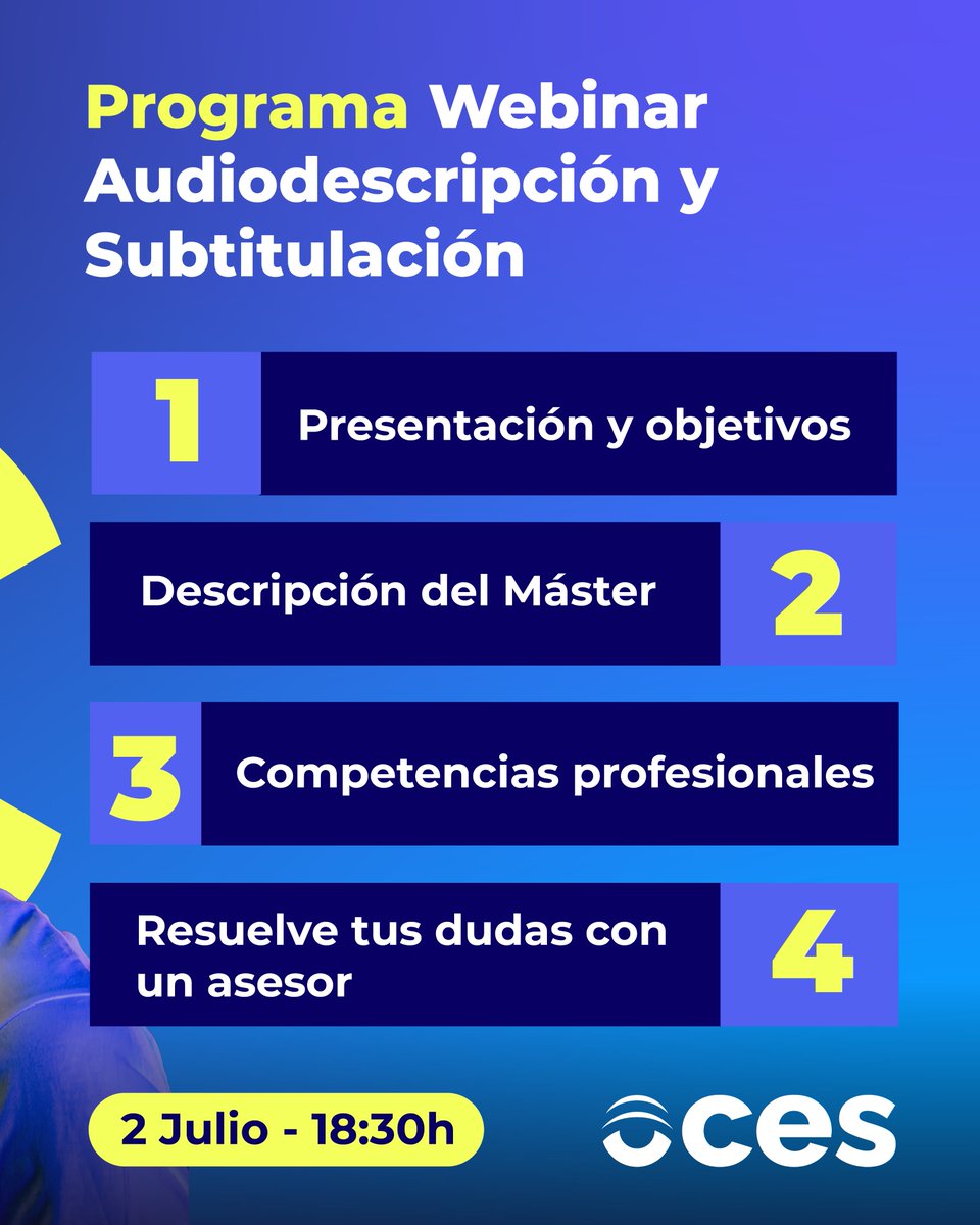 🎓 ¡Este 2 de julio a las 18:30h tenemos un #webinar gratuito muy especial!
Hablaremos sobre nuestro Curso de Especialización en Audiodescripción y Subtitulación📲 ¡Conéctate desde donde estés! acortar.link/HqawWg