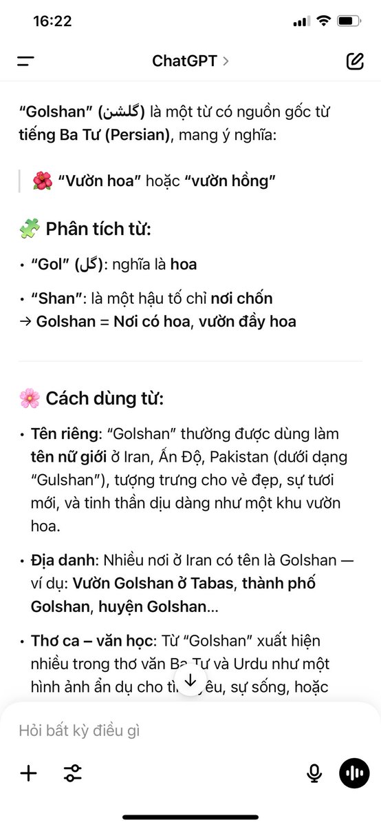 Trong thời gian chờ tick xanh để tham gia học lớp nói chuyện sao cho dễ thương thì em chưa có được thêm tên tiếng Anh và ảnh hồ sơ mới. Em có nhờ Dượng đặt tên cho em là Golshan.
 Giang | Golshan | Nụ Cười Hồng 😁