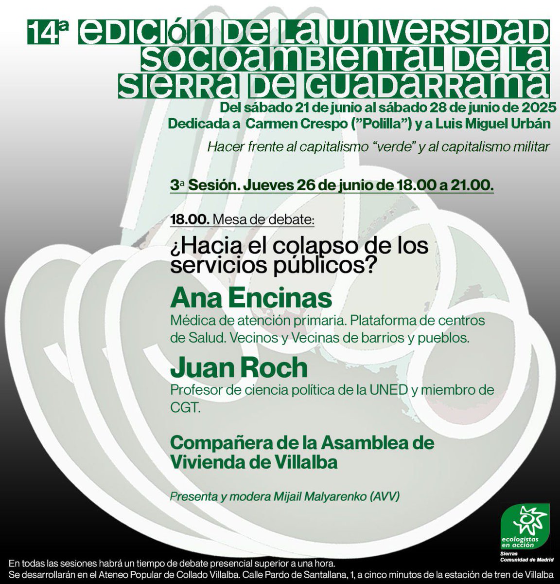 Asamblea de Vivienda de Villalba (@villalbaviviend) on Twitter photo Mañana partipamos en la Uni Socioambiental de la Sierra 🌱 Presentaremos el informe de Servicios Sociales que hemos investigado y redactado durante más de un año. Nos acompañarán <a href="/AnaRosaEncinas1/">Ana Rosa Encinas</a> y <a href="/jrochg_uoc/">Juan Roch Gonzalez</a> 💪🏽 y modera nuestro compa Mijaíl
¡Pasaos! Mañana partipamos en la Uni Socioambiental de la Sierra 🌱 Presentaremos el informe de Servicios Sociales que hemos investigado y redactado durante más de un año. Nos acompañarán <a href="/AnaRosaEncinas1/">Ana Rosa Encinas</a> y <a href="/jrochg_uoc/">Juan Roch Gonzalez</a> 💪🏽 y modera nuestro compa Mijaíl
¡Pasaos!