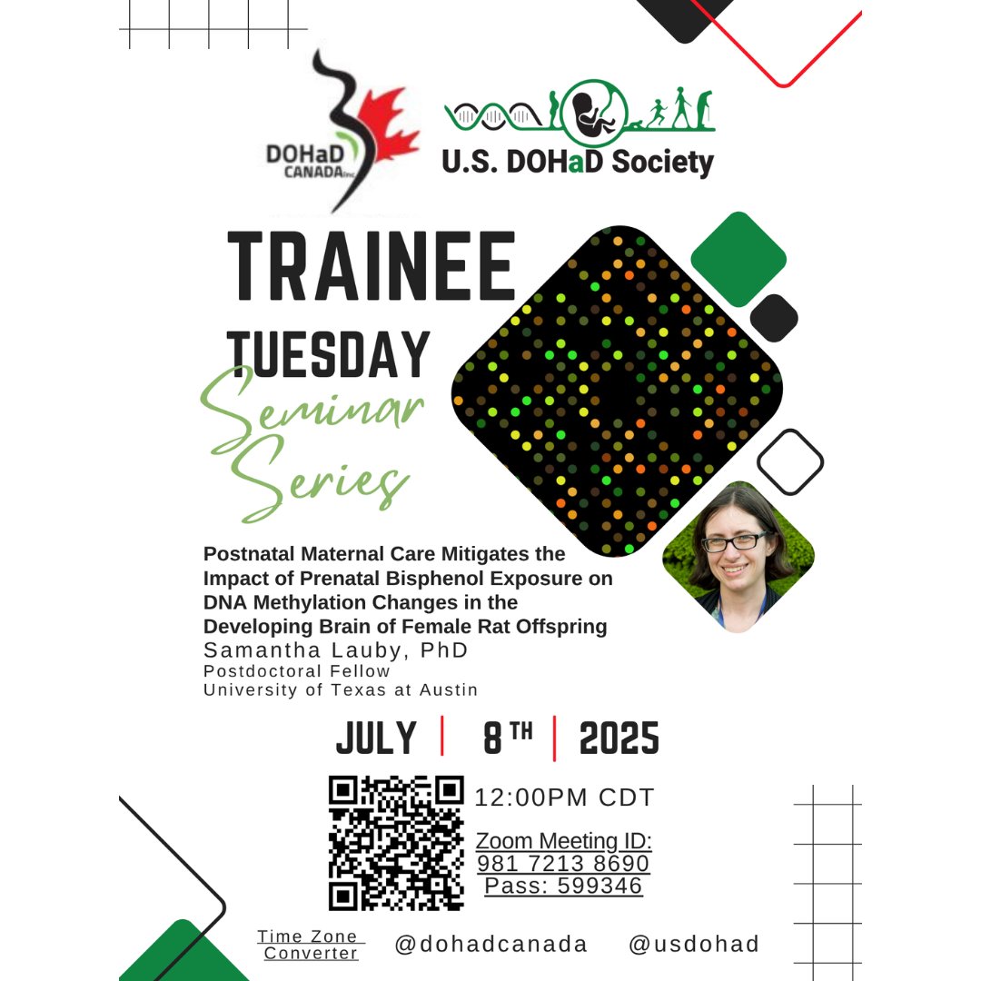 DOHaD_Society's tweet image. Trainee Tuesday Seminar
Open to all #DOHaD trainees; join us for a 30-min session featuring fresh research + ECR networking!
July 8, 2025 | 12:00 PM CDT
Speaker: Postdoc Samantha Lauby
✨ Scan the QR code on the day to join via Zoom!
#MaternalHealth #ChildHealth #ECR