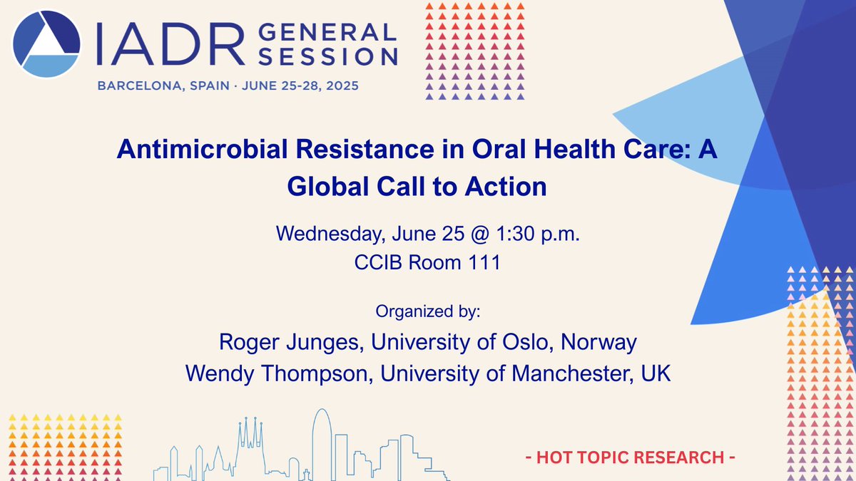 IADR (@iadr) on Twitter photo "Antimicrobial Resistance in Oral Health Care: A Global Call to Action."
Organized by Roger Junges, University of Oslo, Norway and Wendy Thompson, University of Manchester, UK.
📅Wednesday, June 25
⌚1:30 pm CEST
📍CCIB Room 111
#IADR2025 <a href="/rogerjunges/">Roger Junges</a> <a href="/wendythedentist/">Wendy Thompson</a> "Antimicrobial Resistance in Oral Health Care: A Global Call to Action."
Organized by Roger Junges, University of Oslo, Norway and Wendy Thompson, University of Manchester, UK.
📅Wednesday, June 25
⌚1:30 pm CEST
📍CCIB Room 111
#IADR2025 <a href="/rogerjunges/">Roger Junges</a> <a href="/wendythedentist/">Wendy Thompson</a>