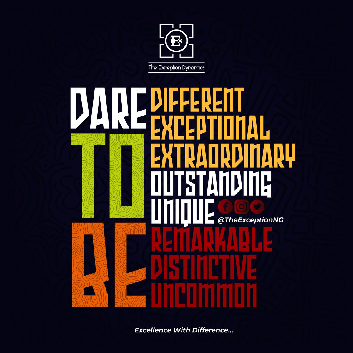 TheExceptionNG's tweet photo. To lead, you must be seen. To be seen, you must be different.
Excellence isn't conformity—it’s courage with clarity.

#DareToBeDifferent  #BeTheException #ExcellenceWithDifference #LeadershipReimagined #BuiltDifferent #NoLimits #UncommonBreed #RiseAboveTheNoise #TheExceptionNG https://t.co/achMaJIiYQ