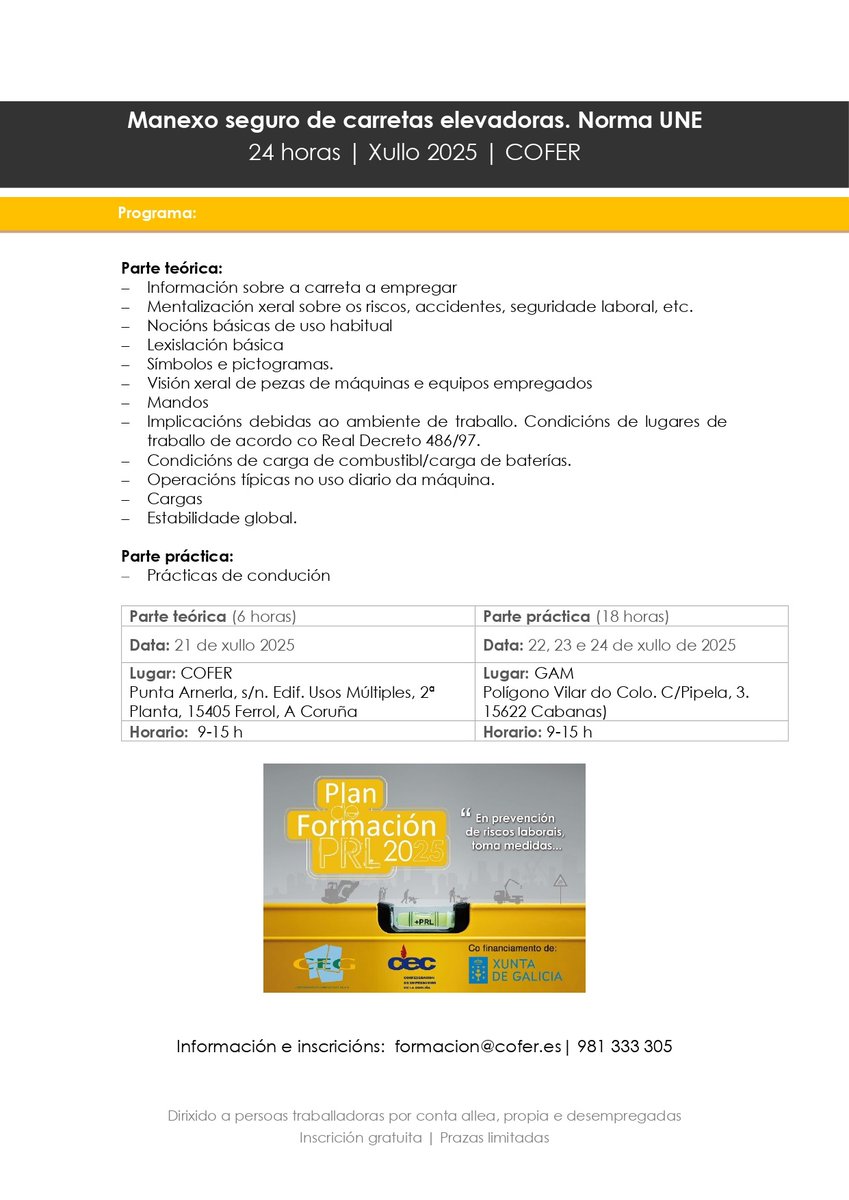 COFER (@coferferrol) on Twitter photo 🚧 Curso “Manexo seguro de carretas elevadoras (Norma UNE)”
📅 21-24 xullo | ⏰ 09:00-15:00
📍 Ferrol e Cabanas
🎯 Dirixido a traballadores/as e desempregados/as
📩 formacion@cofer.es
Info: cofernet.com/formacion-es/c… 🚧 Curso “Manexo seguro de carretas elevadoras (Norma UNE)”
📅 21-24 xullo | ⏰ 09:00-15:00
📍 Ferrol e Cabanas
🎯 Dirixido a traballadores/as e desempregados/as
📩 formacion@cofer.es
Info: cofernet.com/formacion-es/c…