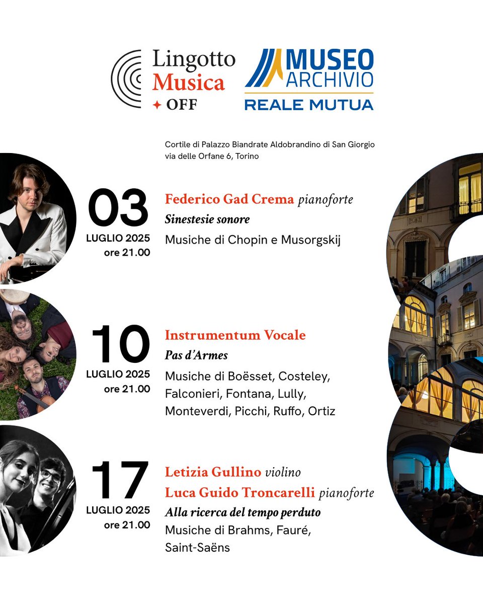 ✨Con Un’estate al Museo, rassegna promossa da Museo Archivio Reale Mutua nel Cortile di Palazzo Biandrate Aldobrandino di San Giorgio (Torino), prenderà il via Lingotto Musica OFF, iniziativa pensata per portare la musica colta fuori dal Lingotto. 

#lingottomusicaoff