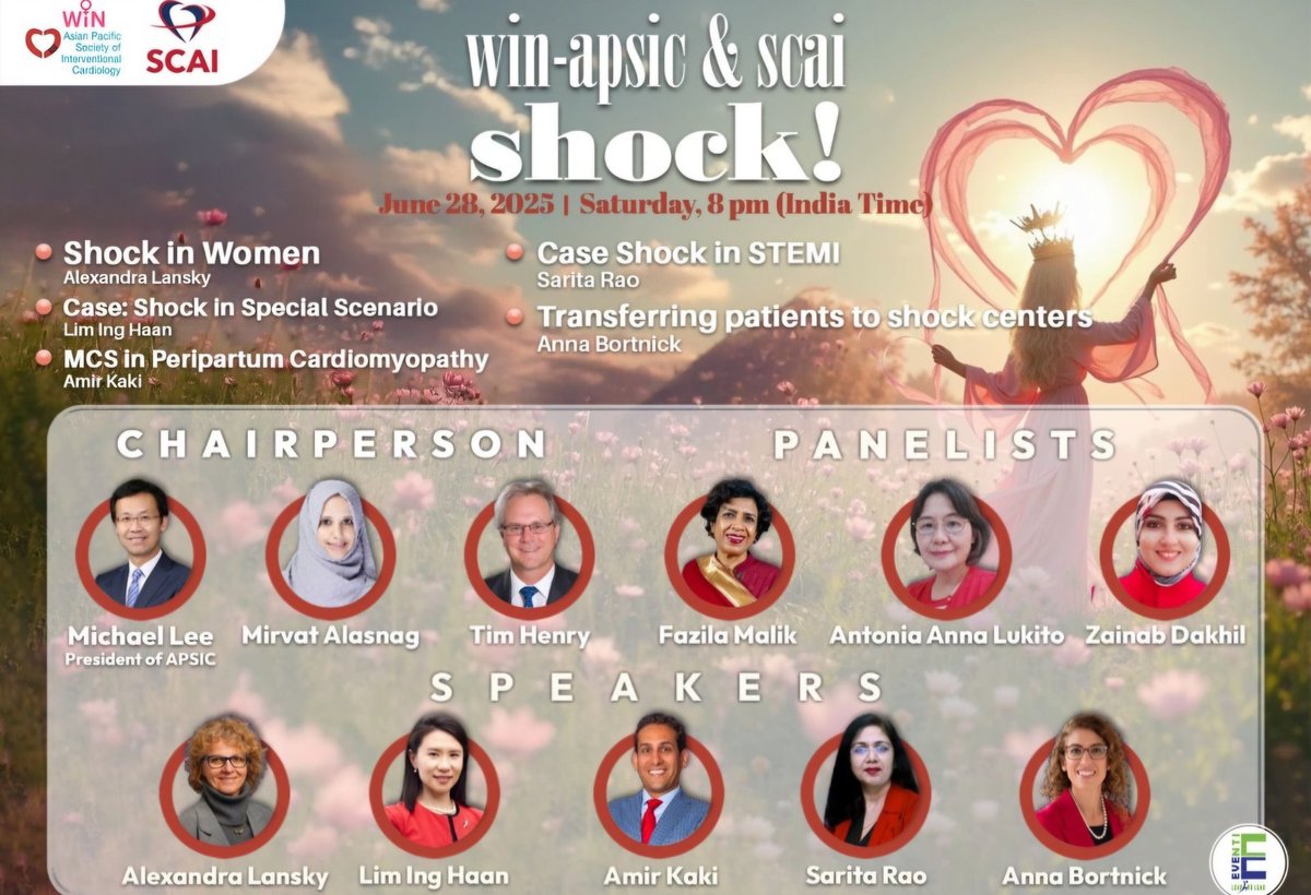 🕗 8 PM (India Time) 
🌍 Join us for “Shock!” – a powerful collaboration by SCAI &amp; WiN-APSIC  
💥 Unmissable insights on: 🔹 Shock in Women 🔹 STEMI Cases 🔹 Special Scenarios &amp; Transfers 🔹 Peripartum Cardiomyopathy  
🫀 Proudly hosted by the world’s leading shock experts 
📅