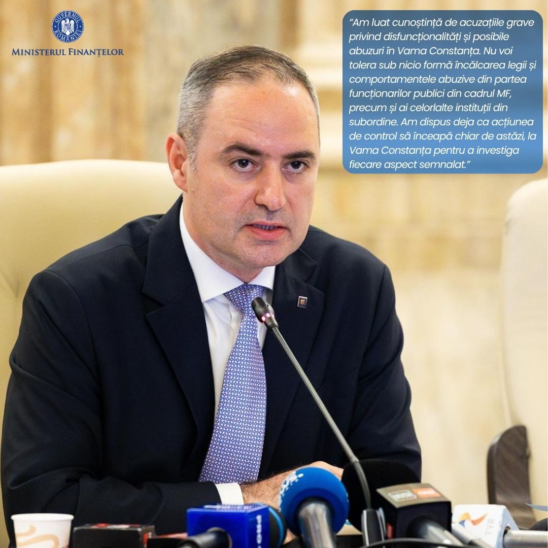 Ministrul Finanțelor ia măsuri urgente în cazul acuzațiilor privind blocaje nejustificate în Vama Constanța. 
Toleranță zero pentru încălcarea legii
Mai multe detalii -- shorturl.at/E1P5M