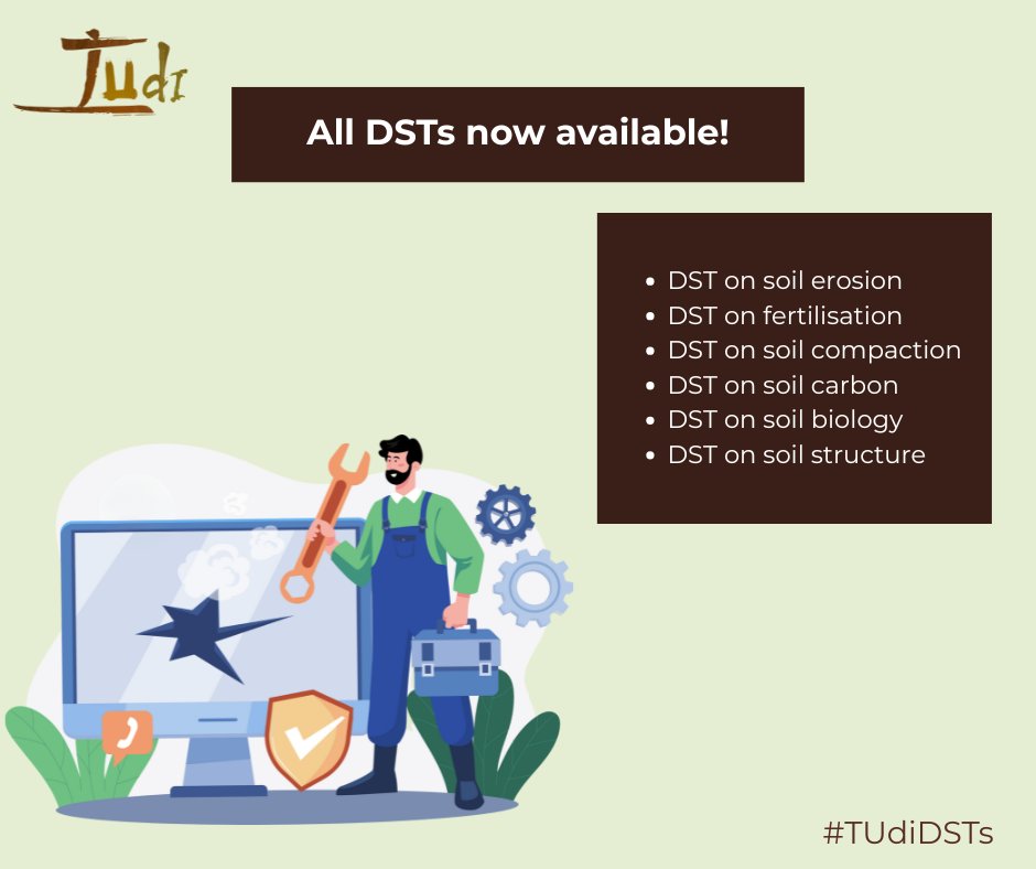 🌱TUdi's Decision Support Tools are LIVE!
6 online tools to help farmers:
✅ Diagnose soil issues
✅ Get recommendations
✅ Monitor soil health

More on each DST soon - stay tuned!

🔗 Explore them all: tudi-project.org/decision-suppo…
🔗​TUdi app: tudi-soil.web.app

#TUdiDSTs