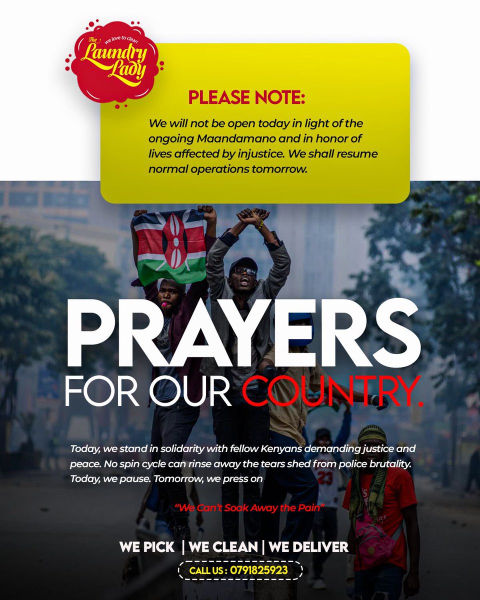 We pause our service today—
not out of duty,
but out of dignity.

Some stains run deeper than fabric.
Today, we reflect.
Tomorrow, we restore.

🇰🇪 In honor of every voice raised for justice.

#maandamanowednesday #wecantsoakawaythepain #thelaundrylady #standwithkenya