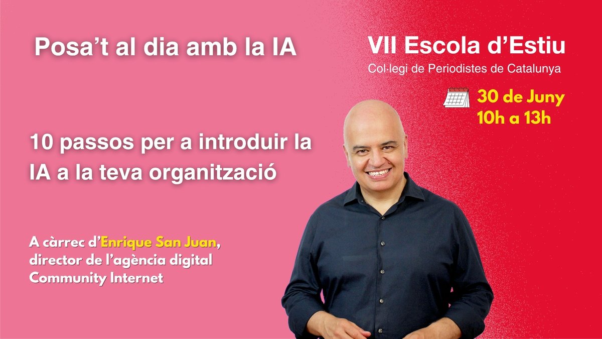💥La propera setmana arrenca l'Escola d'Estiu i la primera sessió serà amb l'expert <a href="/esj/">Enrique San Juan - IA - Comunicación Digital</a> amb qui aprendrem els 10 passos per a introduir la IA a la teva organització

🗓️30 de juny de 10h a 13h
✍️Inscripcions obertes:
periodistes.cat/formacio/vii-e…