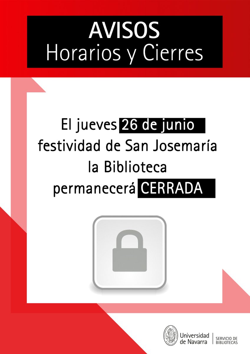 🗣️Mañana, 26 de junio, festividad de San Josemaría, permanecerán cerradas:

📍Biblioteca Central
📍Biblioteca de Ciencias
📍Punto de atención en Arquitectura
📍Biblioteca @unav_exed (campus de Madrid)
📍Biblioteca <a href="/tecnun/">Tecnun</a> (San Sebastián)

noticias-biblioteca.unav.edu/2025/06/19/fes…