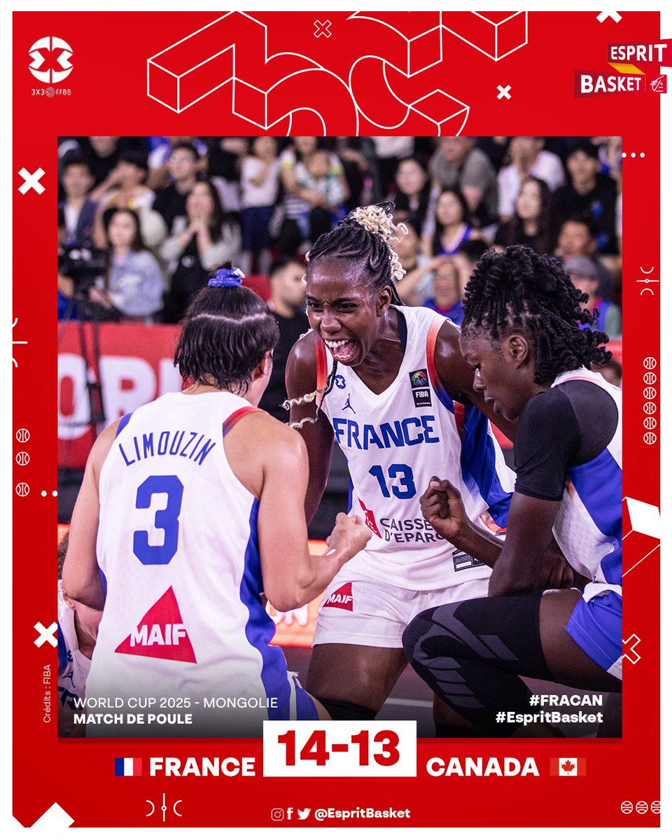 VICTOIIIIRE ! 🏆 3/3 ✅

Les Bleues se sont arrachées pour venir à bout du Canada dans les dernières secondes. Un grand pas vers la 1ère place du groupe, énorme bravo les filles ! 👏

#FRACAN 🇫🇷 14 - 13 🇨🇦
#3x3WC #EspritBasket