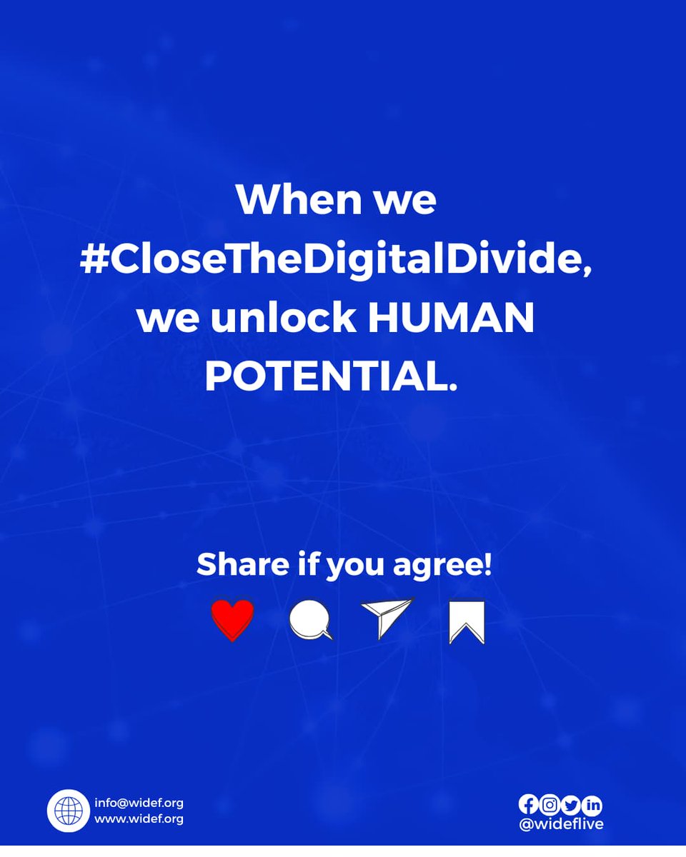 wideflive's tweet photo. When we #CloseTheDigitalDivide, we unlock human potential.
Like, Comment & Share if you agree.
#LeaveNoOneOffline #DigitalInclusion
#InternetForAll
#WIDEF https://t.co/hNER8uKdaF