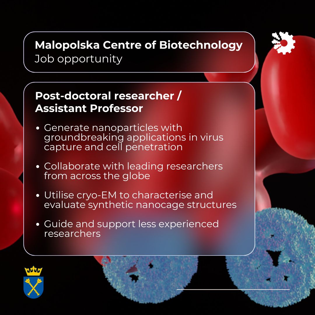 Centre for Programmable Biological Matter (@cpbm_heddlelab) on Twitter photo ๐<a href="/MCB_UJ/">Malopolska Centre of Biotechnology UJ</a> are seeking a passionate PDRA/Assistant Professor to join their team in Krakow, Poland!
This innovative project aims to develop programmable synthetic nanoparticles with groundbreaking applications in virus capture.
Closing date 6th July:
euraxess.ec.europa.eu/jobs/345060 ๐<a href="/MCB_UJ/">Malopolska Centre of Biotechnology UJ</a> are seeking a passionate PDRA/Assistant Professor to join their team in Krakow, Poland!
This innovative project aims to develop programmable synthetic nanoparticles with groundbreaking applications in virus capture.
Closing date 6th July:
euraxess.ec.europa.eu/jobs/345060