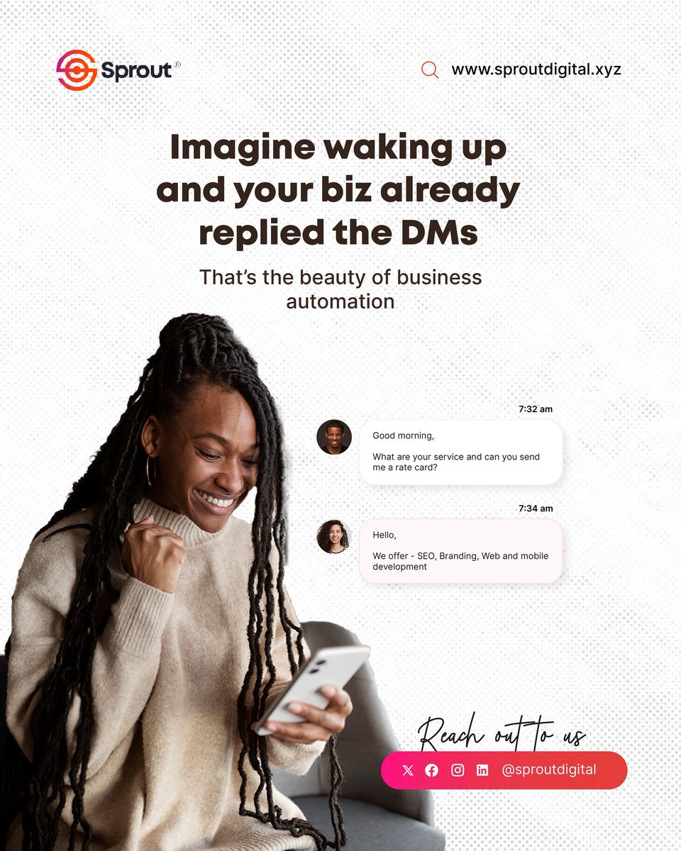 Woke up and my biz had already replied the DMs.
Automation is doing its job.
Sprout handles the backend so you can focus on the big stuff.

sproutdigital.xyz

#Automation #SmallBusiness #SproutDigital #WebDev #SEO #Branding