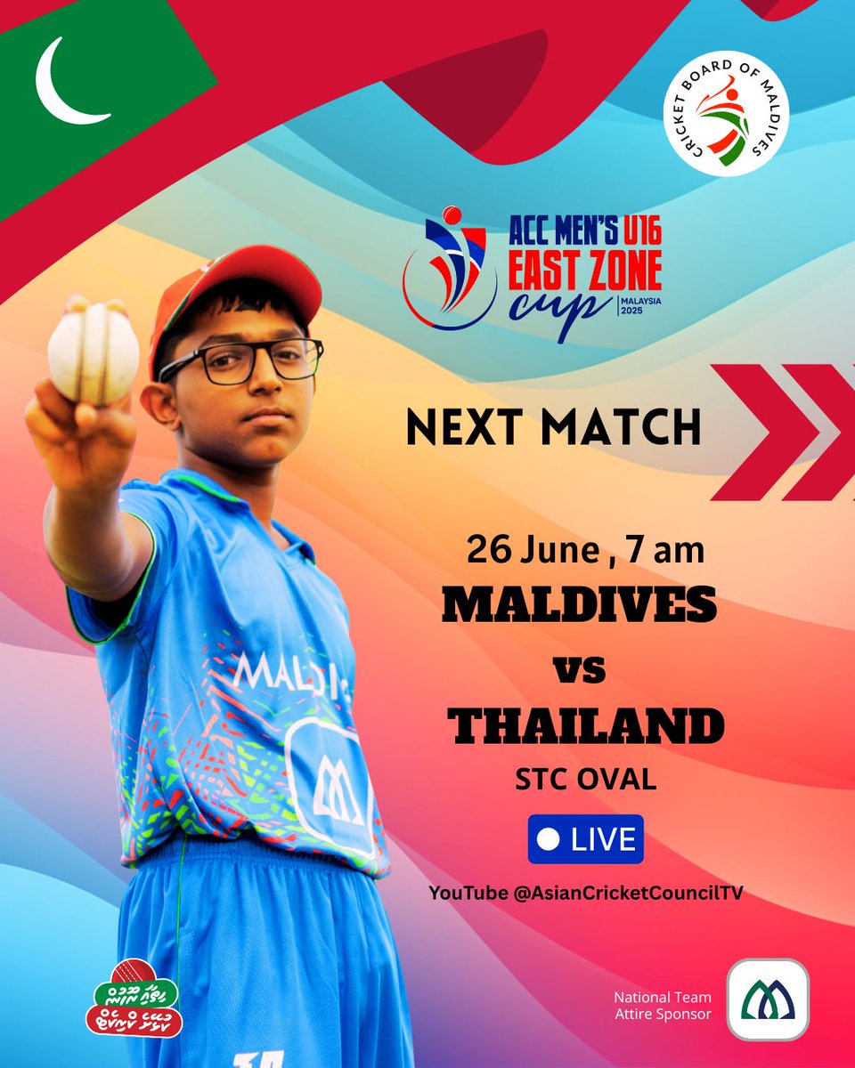 maldivescricket's tweet photo. 2025 ACC Men’s U16 East Zone Cup

26 June - STC Oval - 7am Maldives Time
Maldives v Thailand

Match Centre https://t.co/2C2JYjATRK

LIVE STREAM (from 6:45am) https://t.co/Y0DzwPDgu5

#ACCMensU16EastZoneCup2025 #CricketForAll

@ThailandCricket @ACCMedia1 https://t.co/g9QipgDrTT