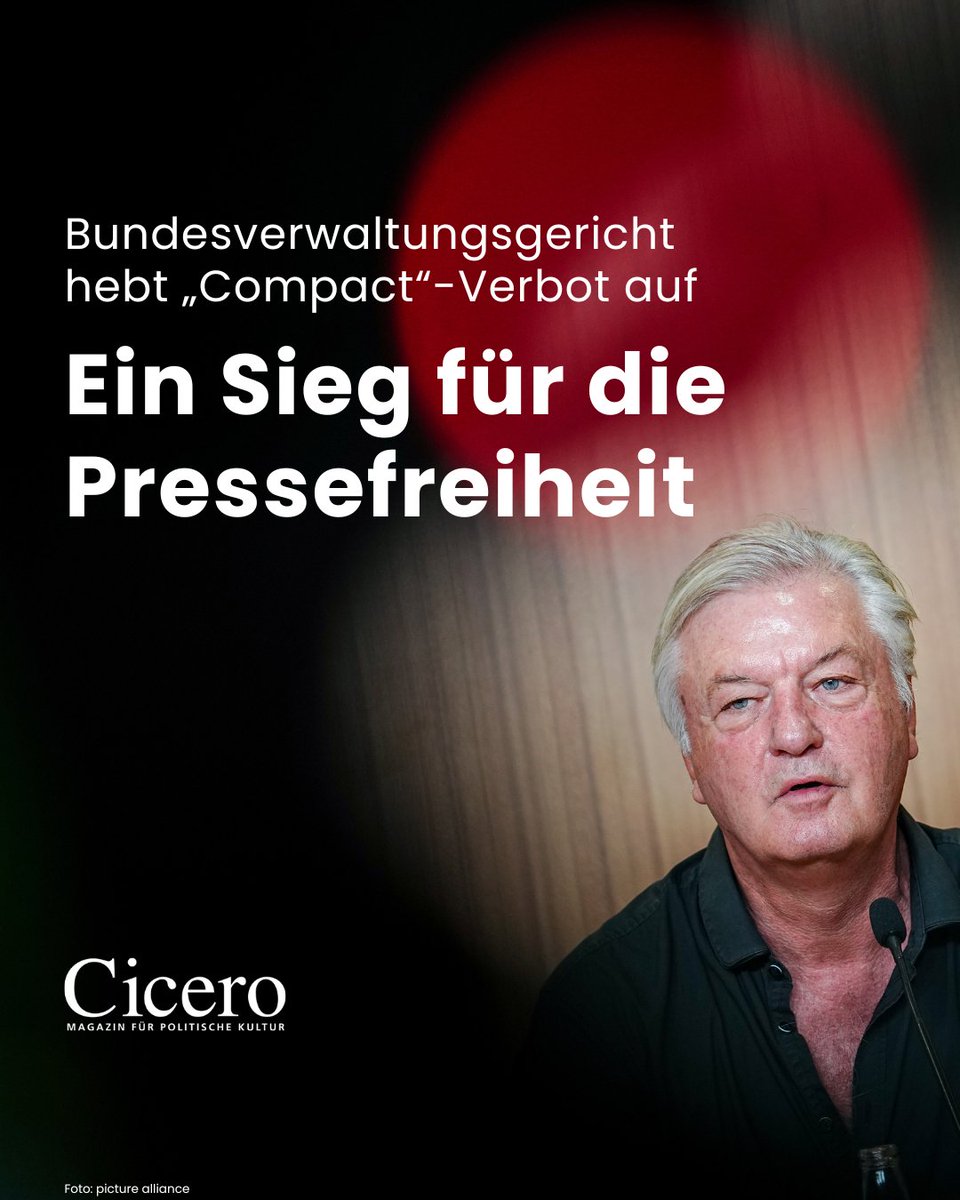 cicero_online's tweet image. Vor einem Jahr hatte die damalige Innenministerin Nancy Faeser die Zeitschrift #Compact verboten. Jetzt hob das Bundesverwaltungsgericht dieses rechtswidrige Verbot auf. Ein Grundsatzurteil zur #Pressefreiheit, schreibt @NeBoehme.

Artikel lesen: tinyurl.com/2df8qadq.