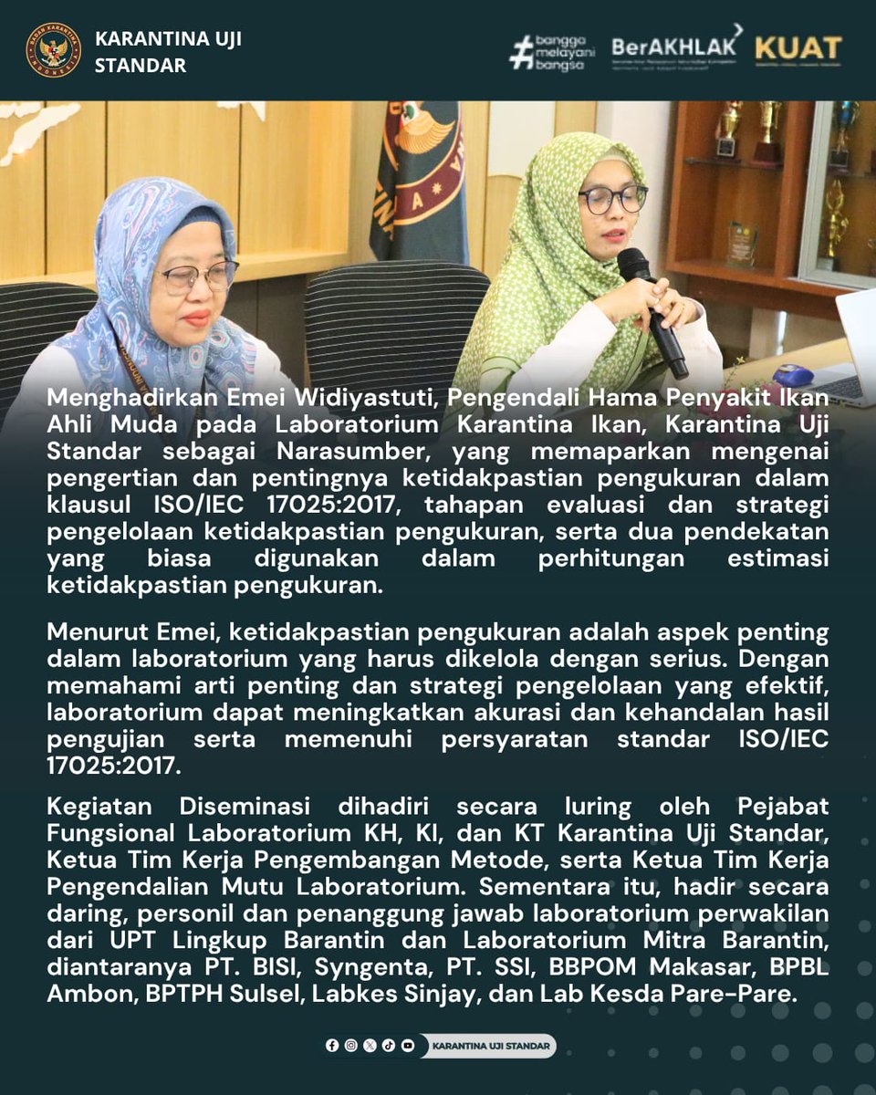 ujistandar's tweet photo. Karantina Uji Standar kembali menggelar Diseminasi Sistem Manajemen Mutu dengan mengangkat tema Evaluasi Ketidakpastian Pengukuran dalam Pengujian Biomolekuler secara hybrid pada Rabu (25/06). Yuk simak beritanya π
#karantinaujitandar
#labkarantina
#diseminasibbuskhit https://t.co/nET8uYUFeT