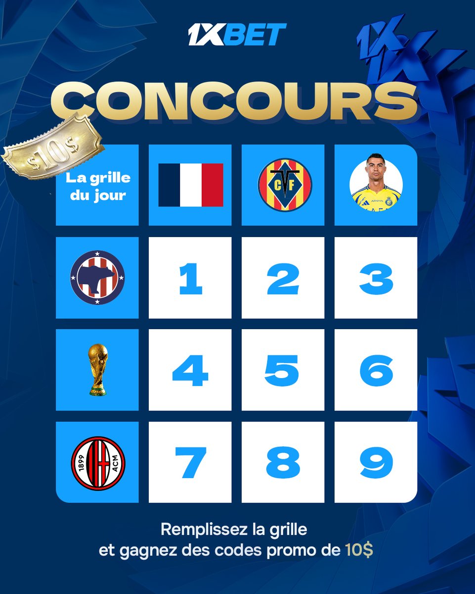 1xBet_Francais's tweet image. Concours 🎁

Remplissez la grille et gagnez des codes promo de 10$

Règles : 

✅ Vous ne pouvez répondre qu'avec un seul commentaire
✅ Le participant doit être abonné à 
@1xBet_Francais

Nous choisirons au hasard 5️⃣ gagnants d'un code promo de 🔟$

Résultats : Vendredi 

#1xBet