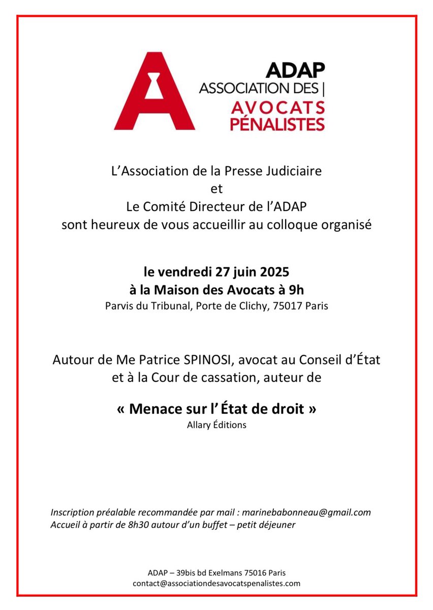 Association des Avocats Pénalistes (@assoadap) on Twitter photo Nous aurons le plaisir de vous retrouver vendredi à la Maison des Avocats pour cette rencontre avec <a href="/patrice_spinosi/">Patrice Spinosi</a>.
<a href="/PresseJu/">PresseJudiciaire</a> Nous aurons le plaisir de vous retrouver vendredi à la Maison des Avocats pour cette rencontre avec <a href="/patrice_spinosi/">Patrice Spinosi</a>.
<a href="/PresseJu/">PresseJudiciaire</a>
