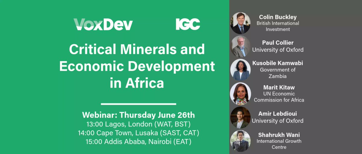 shahrukh wani (@shahrukhwani) on Twitter photo Happening tomorrow: join us for a conversation on critical minerals and economic development in Africa ft <a href="/maritkitaw/">Marit Kitaw</a>, <a href="/Amirlbd/">Amir Lebdioui</a>, Paul Collier (<a href="/BlavatnikSchool/">Blavatnik School of Government</a>), Kusobile Kamwambi (<a href="/ZambiaPDU/">Presidential Delivery Unit Zambia</a>), and Colin Buckley (<a href="/BritishIntInv/">British International Investment</a>)
<a href="/vox_dev/">VoxDev</a> <a href="/The_IGC/">International Growth Centre</a>
theigc.org/events/critica⦠Happening tomorrow: join us for a conversation on critical minerals and economic development in Africa ft <a href="/maritkitaw/">Marit Kitaw</a>, <a href="/Amirlbd/">Amir Lebdioui</a>, Paul Collier (<a href="/BlavatnikSchool/">Blavatnik School of Government</a>), Kusobile Kamwambi (<a href="/ZambiaPDU/">Presidential Delivery Unit Zambia</a>), and Colin Buckley (<a href="/BritishIntInv/">British International Investment</a>)
<a href="/vox_dev/">VoxDev</a> <a href="/The_IGC/">International Growth Centre</a>
theigc.org/events/criticaā¦