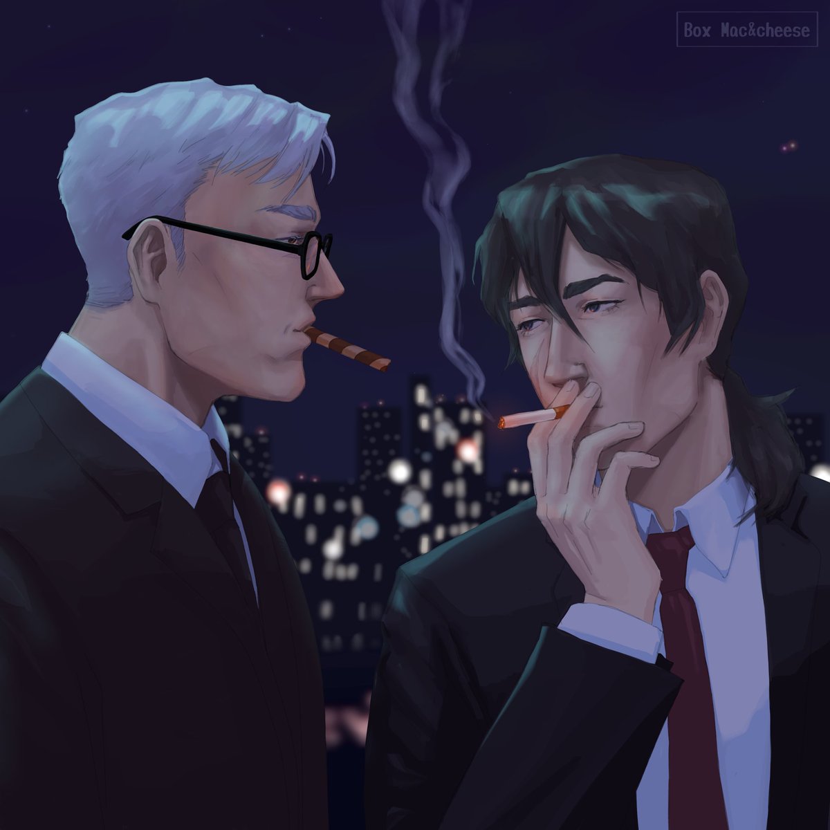 Широ не курит, поэтому вышел на балкон "покурить" вафельную трубочку только чтобы был повод  провести больше времени с Китом. Позже Кит тоже перейдёт на вафельные трубочки, чтобы не заставлять Широ дышать дымом. 
#vld #Voltron #Shiro #Keith #sheith #officeAU