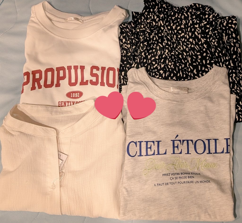 cana4040's tweet photo. 購入品🦓
昨日は仕事終わりに行ったら狙いのものは狩られてて刺繍Tシャツだけ買えた😂
今日ダメ元で開店アタックして奇跡的にフリル袖Tシャツだけ残ってた🙌
はしご先で柄パンとシャーリング袖シャツ買えました☺️スキッパーワンピ試着できたからオンラインで青ゲットしたい🫶
#terawearemu https://t.co/M5P92YpUJh