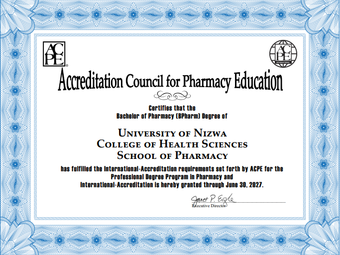 حصل برنامج بكالوريوس الصيدلة بكلية العلوم الصحية في جامعة نزوى على الاعتماد الدولي من مجلس اعتماد التعليم الصيدلي ( ACPE  ) ومقره في الولايات المتحدة الأميركية، وذلك بتاريخ 19 يونيو 2025م

يأتي في ذلك إطار موافقة الهيئة العمانية للاعتماد الأكاديمي وضمان جودة التعليم