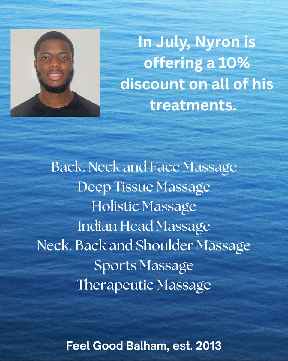 With a wealth of experience, Nyron has been passionate about health and wellbeing his entire life. Whether it is for injury, to relax and relieve tensions, or for general upkeep, Nyron's treatments will definitely help. He is offering a 10% #discount on his treatments in July.