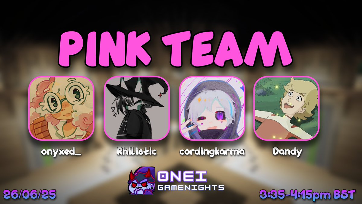 Announcing the PINK team 

<a href="/onyxed_/">onyx :3</a> <a href="/rhilistic/">rhilistic | i miss ltlvc already</a> <a href="/cordingkarma_/">cordingkarma</a> <a href="/xdandyy_/">xdandyy</a> 
Watch them play in Infiltration x OGN tomorrow @ 3:40PM BST!