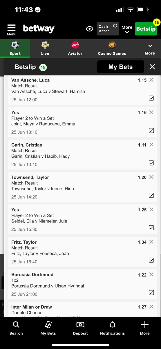 Took <a href="/Ziggy_Diver1/">Ziggy</a> tennis 🎾 games and added ⚽️ 26odds let’s go 🐍🐍🐍I just placed a bet with Betway. Tap here to copy my bet or search for this booking code in the Multi Bet betslip BW517C66C betway.co.za/bookabet/BW517…