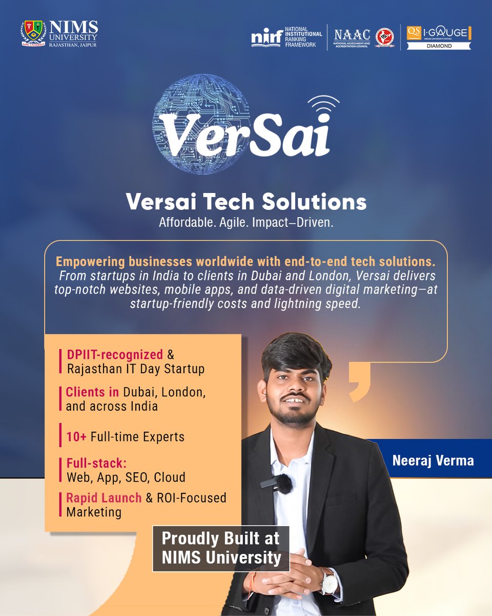 At NIMS University, students don’t just study — they build, launch, and lead.

Meet 3 startups born on campus:
🌾 Milladhya – Millet-powered nutrition
💙 LattFree – Mental health &amp; de-addiction app
💻 Versai – Global tech solutions
🚀 Powered by NIMS Innovation Cell.
Your idea