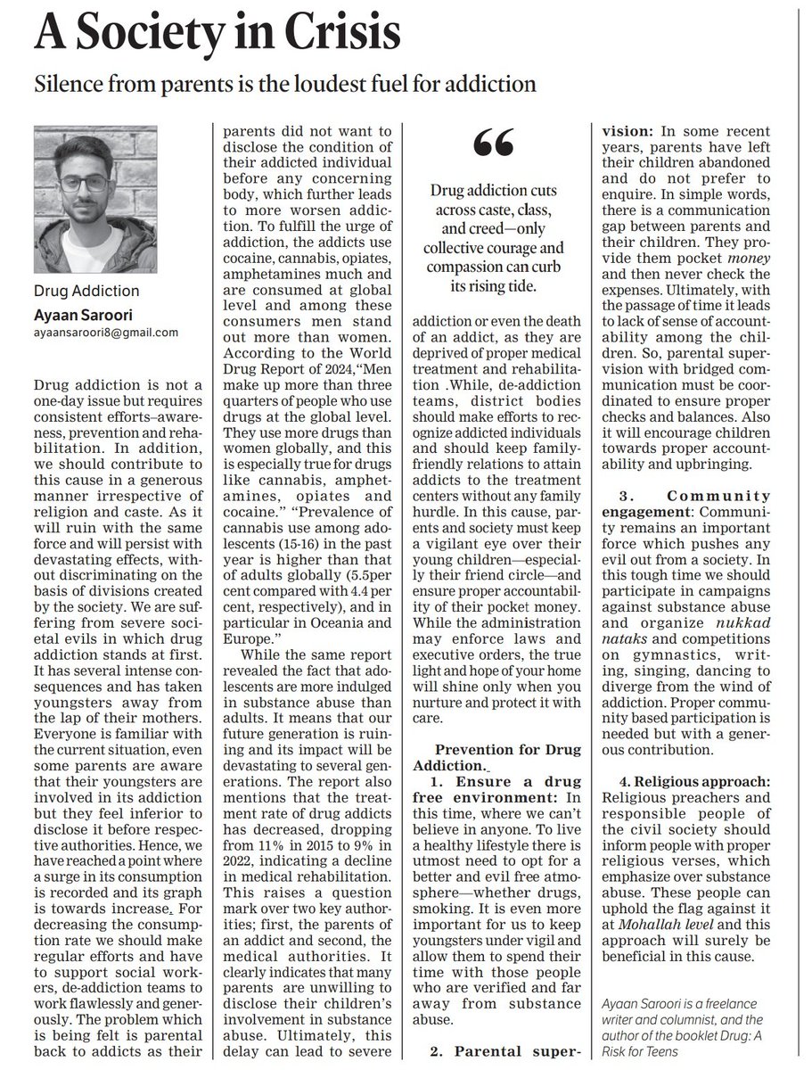 "It clearly indicates that many parents  are unwilling to disclose their children's involvement in substance abuse."

I write for <a href="/GreaterKashmir/">Greater Kashmir</a>