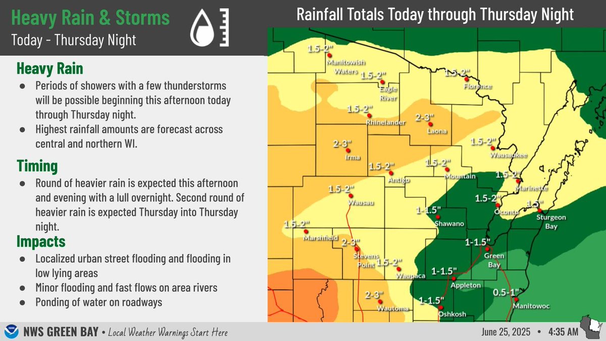Periods of showers with a few thunderstorms will be possible beginning this afternoon today through Thursday night. Highest rainfall amounts are forecast across central and northern WI. #wiwx