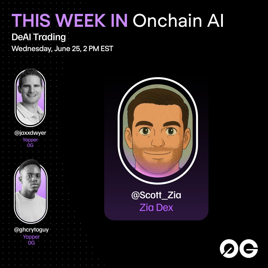 0G Labs (Ø,G) - AI L1 (@0g_labs) on Twitter photo This Week in Onchain AI is back today! with <a href="/jaxxdwyer/">Jax Dwyer</a> & <a href="/ghcryptoguy/">Elisha (Ø,G)</a> 🎙️
Hear from <a href="/Scott_Zia/">Scott</a> of <a href="/zia_finance/">Zia (TradeGPT)</a> about decentralized AI trading at 2 PM ET 👀
Set your reminder 👉 x.com/i/spaces/1eaKb… This Week in Onchain AI is back today! with <a href="/jaxxdwyer/">Jax Dwyer</a> & <a href="/ghcryptoguy/">Elisha (Ø,G)</a> 🎙️
Hear from <a href="/Scott_Zia/">Scott</a> of <a href="/zia_finance/">Zia (TradeGPT)</a> about decentralized AI trading at 2 PM ET 👀
Set your reminder 👉 x.com/i/spaces/1eaKb…