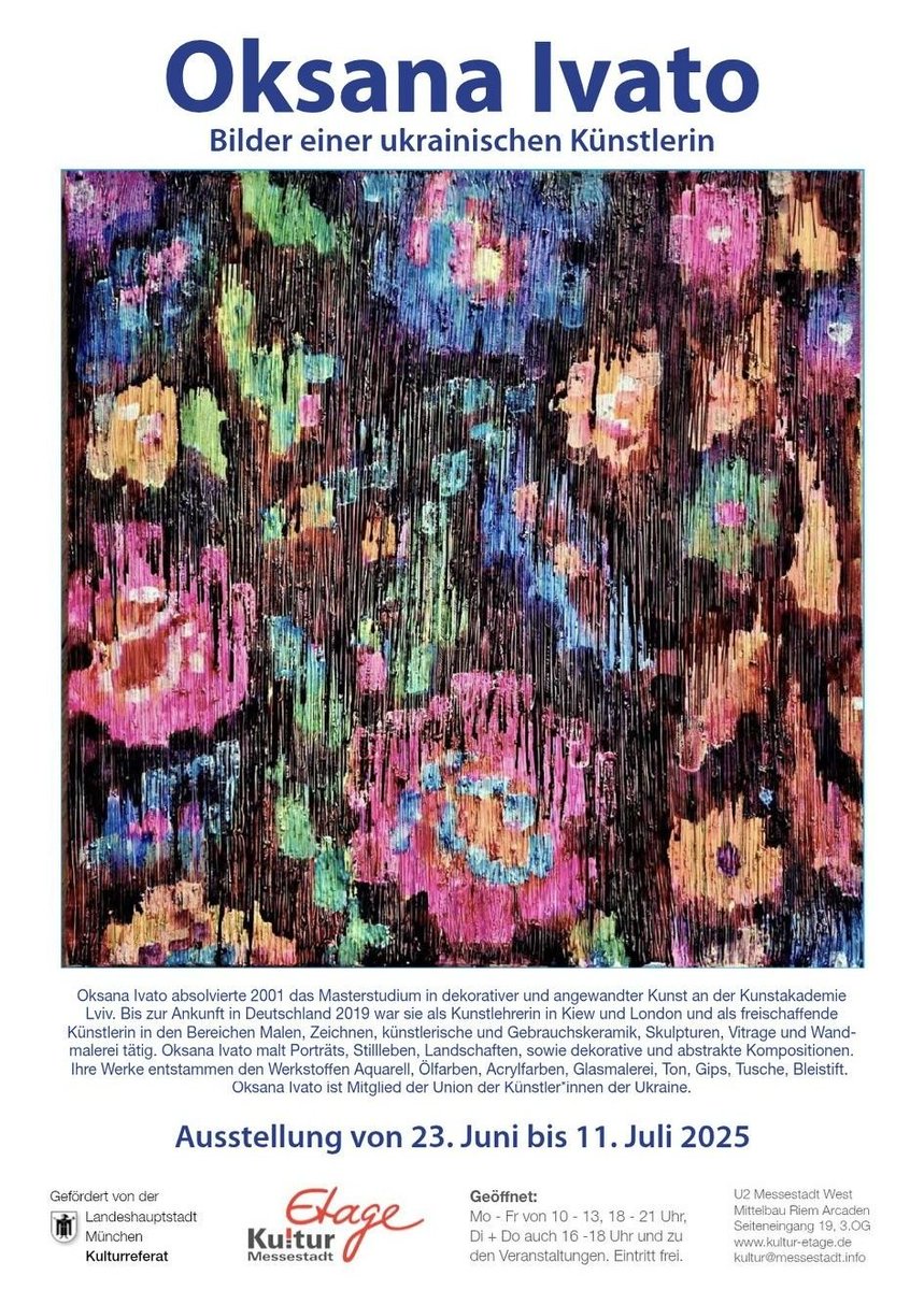 Freunde, erinnert ihr Euch an Oksana Ivatyo?
Ihre Ausstellung in München ist eröffnet.
Erlös von Verkauf wird für Unterstützung der ukrainischen Streitkräfte verwendet.