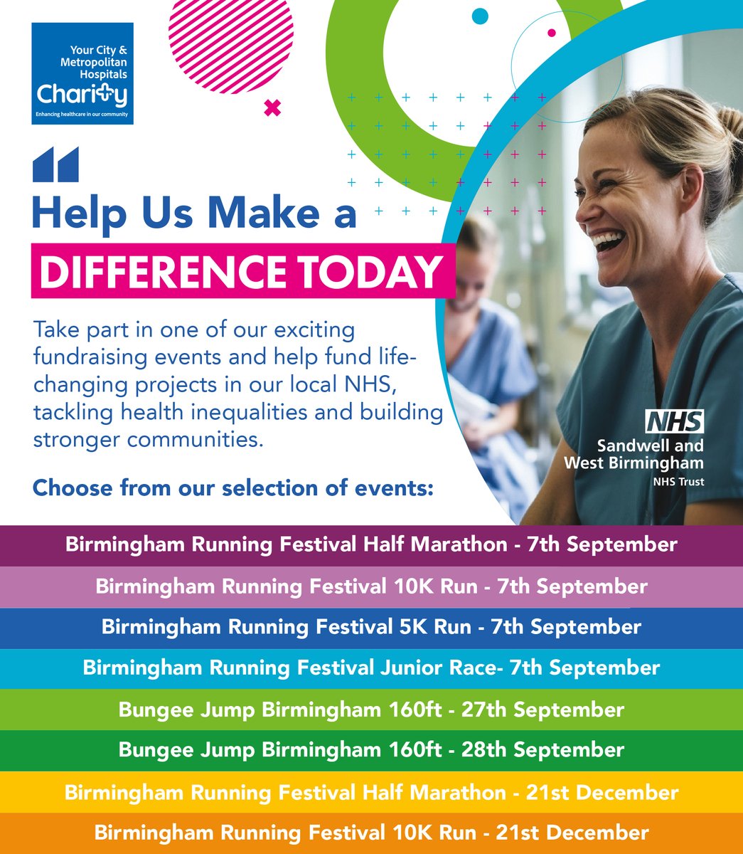 SWBHCharity's tweet image. Help us make a difference! Join our NHS fundraising events — fun runs, bungee jumps & more. Every bit helps improve care, fund life-changing NHS projects that fight health inequality.
Choose from our choice of events: runforcharity.com/your-city-and-…
#NHS #Fundraising #CommunityCare