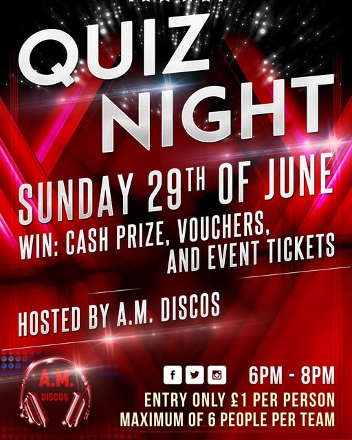 Have you booked your table for Sunday's Quiz?
Join us on Sunday at 6 PM for a night full of fun, laughs, and friendly competition! Whether you're a trivia pro or just love a good time, this is your chance to show off your knowledge and win some amazing prizes.

#QuizNight